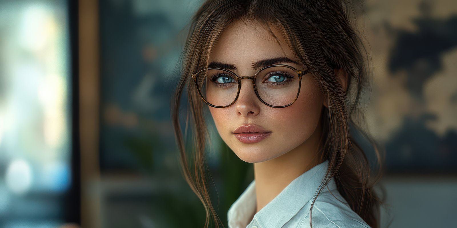 Young woman with stylish glasses poses in a cozy indoor setting surrounded by natural light